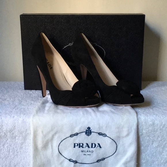 Prada 'Calzature Donna' Black Suede Open-Toe Heels (38 / US 8) - Picture 2 of 11